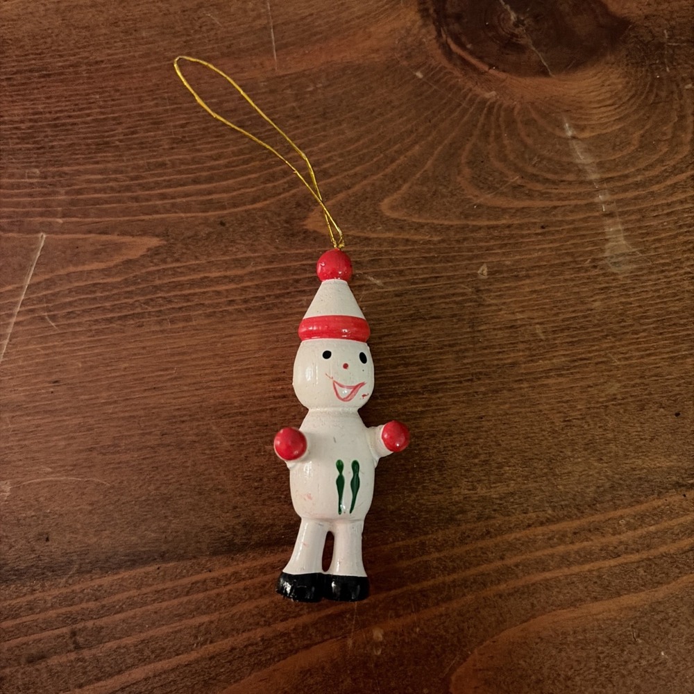 VINTAGE PAINTED WOOD SNOWMAN CHRISTMAS TREE ORNAMENT